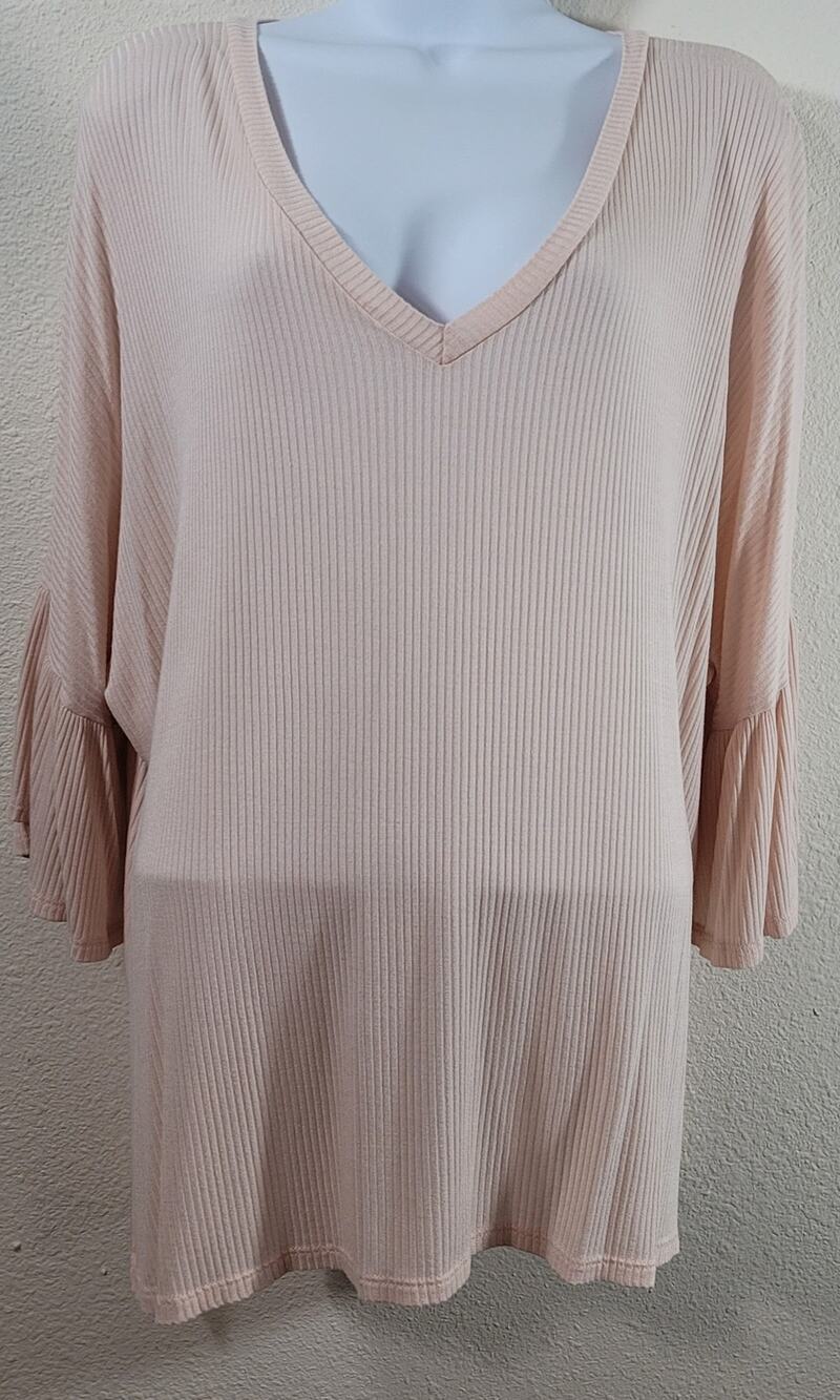 Promesa Pink Ribbed Bell Sleeves V Neck Top Large Lightweight Flowy Swing Soft